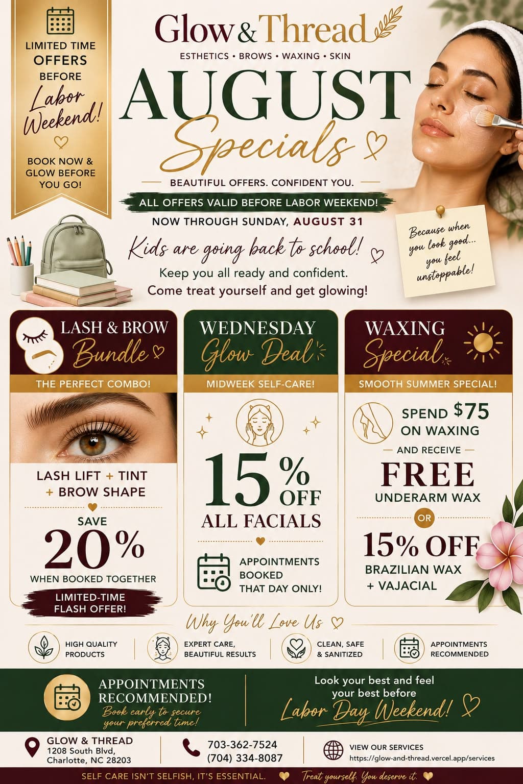 Glow & Thread August specials flyer — Lash & Brow Bundle 20% off, Wednesday Glow Deal 15% off facials, and waxing specials, valid through August 31